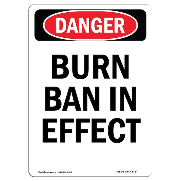 Safety Sign, OSHA Danger, 5" Height, Burn Ban In Effect, Portrait, 10PK
